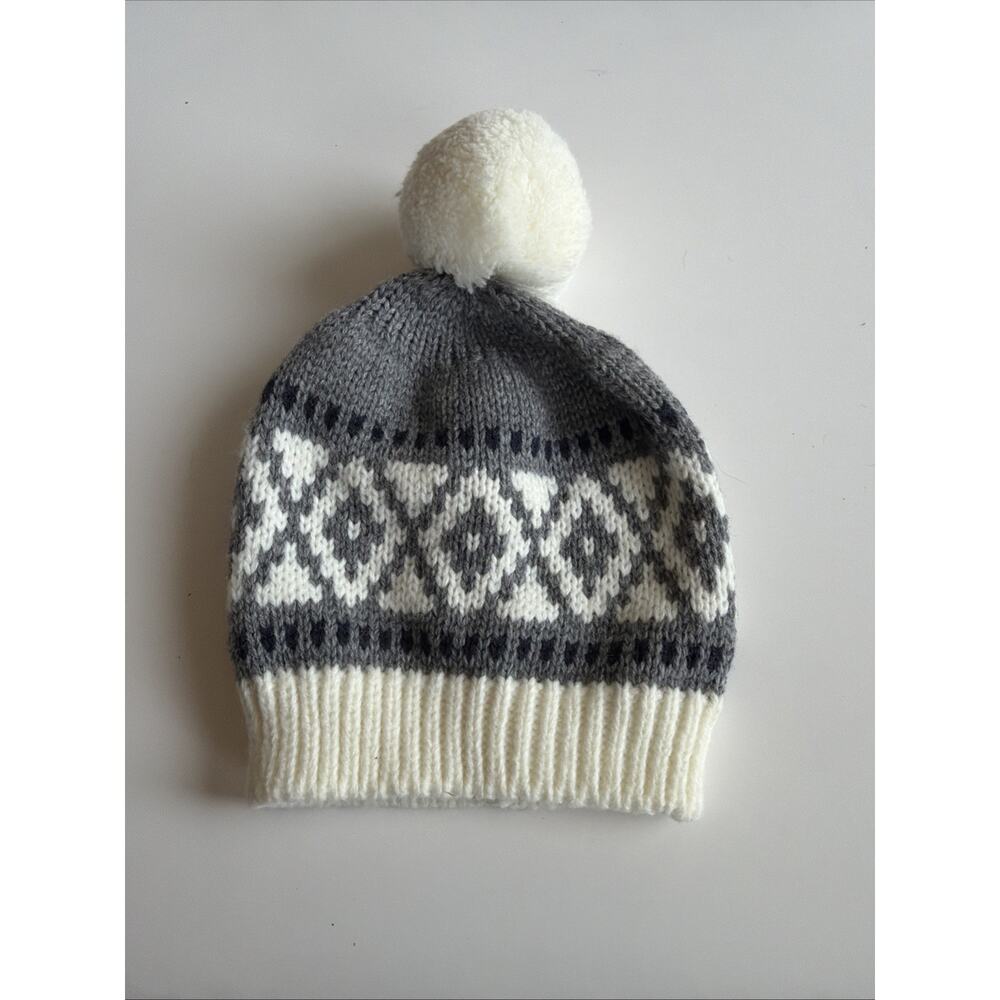Baby Fair Isle Knit Beanie Hat Gray White Pom Pom Toddler Winter Ski Cap Nordic